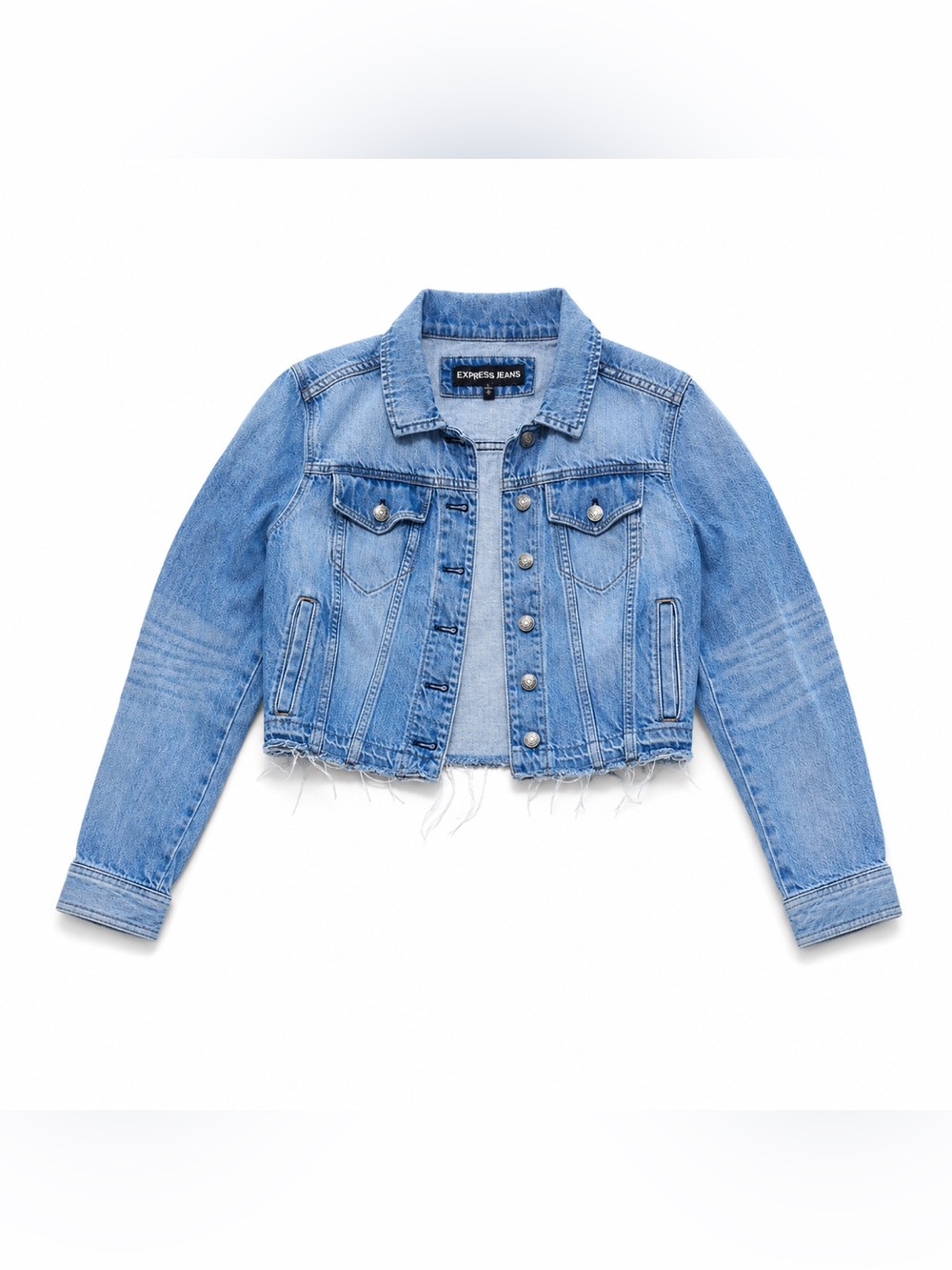 Express Cropped Denim Jean Jacket Raw Frayed Hem Distressed Medium Wash Size M